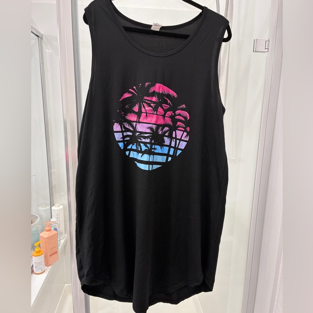 Black Sleeveless Top with Palm Tree Design